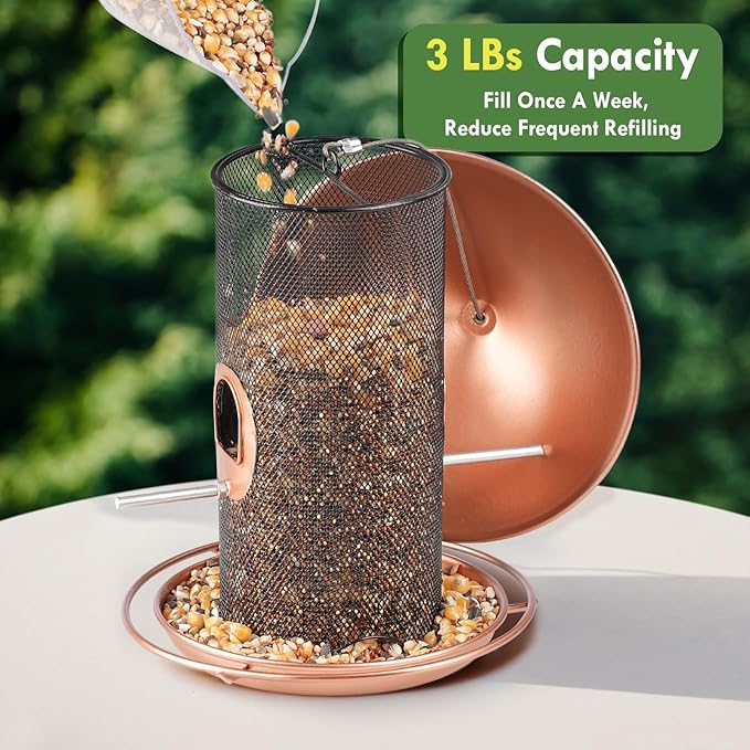 Bird Feeder for Outdoor, Metal Wild Bird Feeder Hanging Outside, 7.5" Copper Roof and 360 Degree Feeding Tray with 2 Extra Feeding Ports, 3 Lbs Bird Seeds Capacity-Ruum Studio Home
