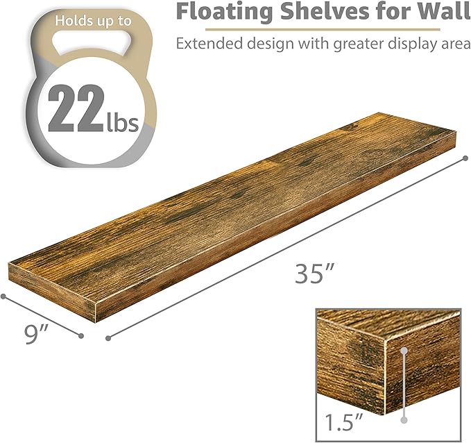 Sorbus Floating Shelves for Wall - 35 Inch Long Bathroom Shelves, Wall Decor for Bedroom, Kitchen, Living Room & Book Storage - Mounted Floating Shelf with Invisible Brackets (Rustic Brown, 2 Pack)-Ruum Studio Home