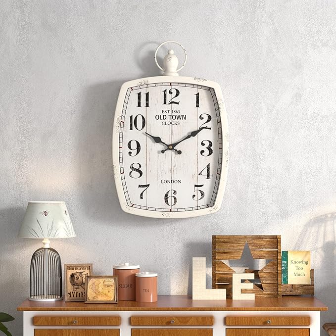 Menterry Rectangle Retro Large Wall Clock, Old-Fashioned Vintage Design, White Antique Style, Battery Operated Silent Decor Wall Clocks for Farmhouse,Kitchen,Office (15.5" H x 10.2" W)-Ruum Studio Home
