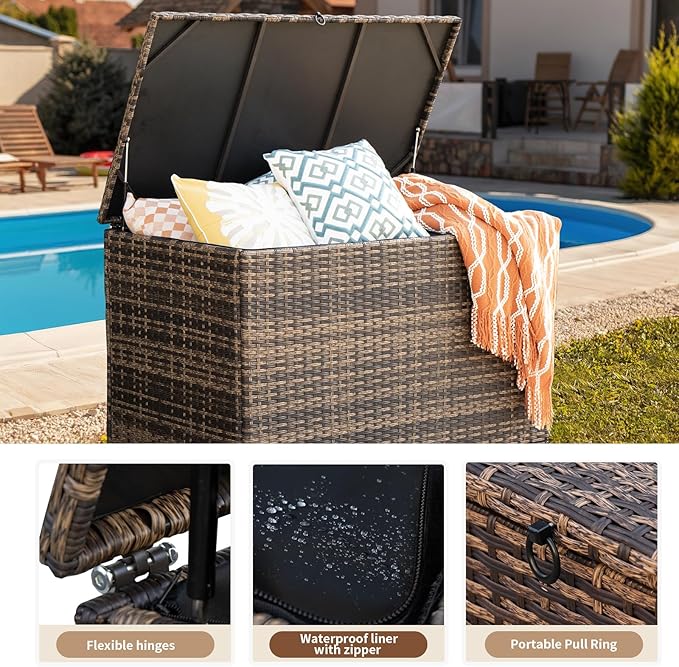 178 Gallon Outdoor Storage Box, Handle Large Portable Wicker Rattan Deck Box for Patio Furniture Cushions, Patio Deck Box with 2 WheelsThrow Pillows, Garden Tools and Pool Floats (Brown)-Ruum Studio Home