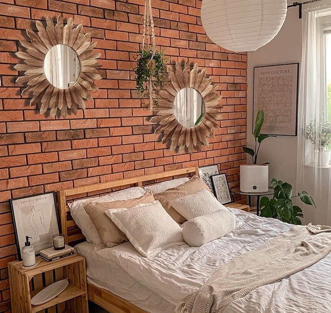 LOSOUR 2 Pack 22 Inch Boho Wall Sunburst Mirror Rustic Round Wood Decorative Mirror Boho Wall Art Decor for Entryway Bedroom Living Room-Ruum Studio Home