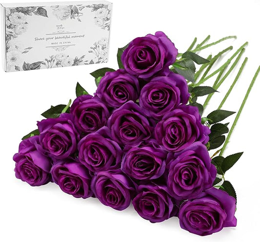 Purple Fake Roses Artificial Flowers - 16 Pcs Fake Artificial Roses Silk Flowers with Stems for Home Wedding Hotel Office Centerpiece Decor-Ruum Studio Home