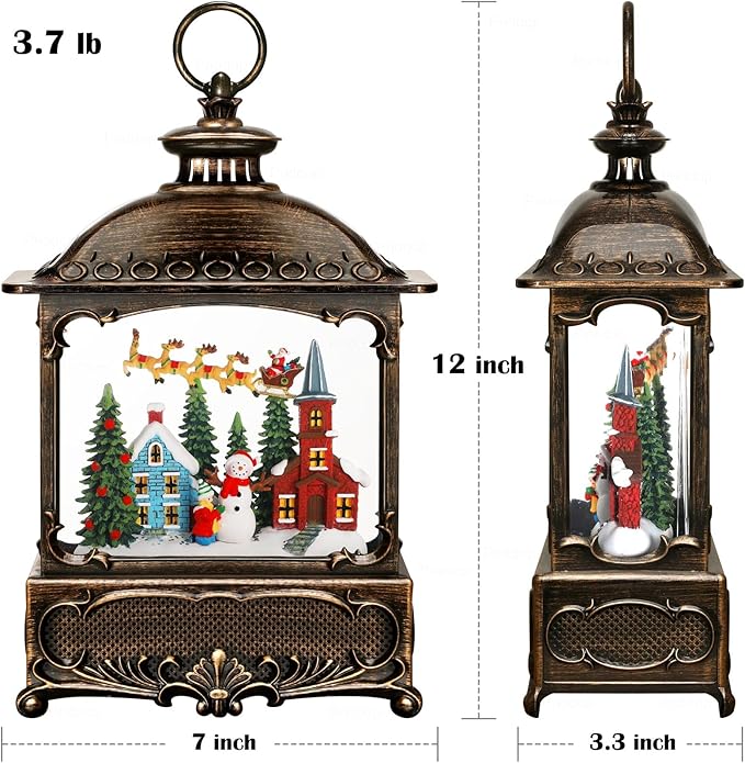 Christmas Snow Globe Lantern Christmas Decorations Gifts Snowman Santa Claus Church Village Scene Musical Glitter Snowfall USB/Battery Timer 12 inch-Ruum Studio Home