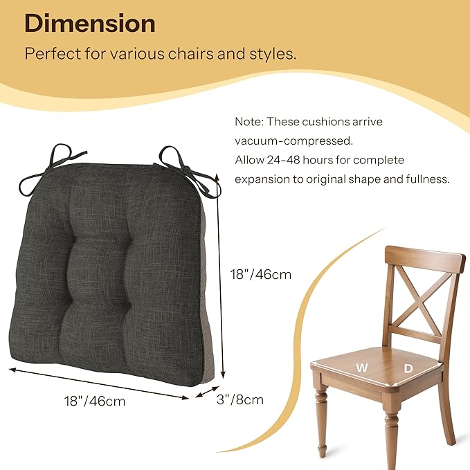Non Slip Chair Cushions for Dining Chairs Set of 4 Kitchen Chair Cushions 18"x18"x3" Turfted Chair Pads Comfortable and Soft Seat Cushion with Ties, Dark Grey-Ruum Studio Home