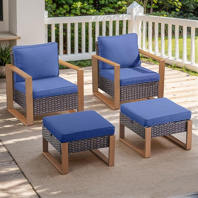 Outdoor Wicker Patio Furniture Set - 4 Piece Patio Conversation Set with 2 Wicker Armrest Chairs,2 Rattan Ottoman, Sturdy Frame, Thick Cushions, Deep Seating(Brown/Blue)-Ruum Studio Home