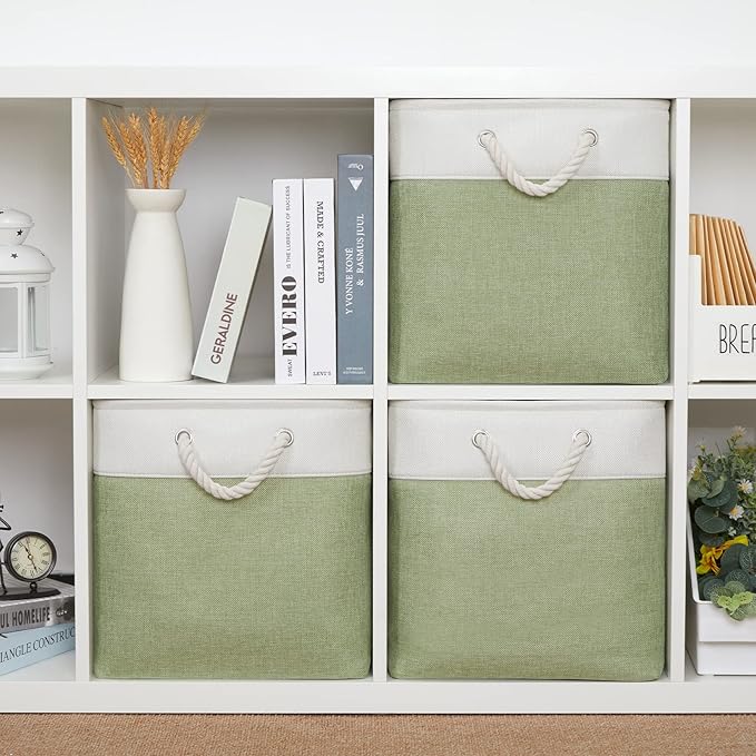 Bidtakay Cubby Storage Bins Set of 3 Fabric Baskets for Shelves Closet Drawer Organizer Storage Cubes 13x13 Collapsible Organization Baskets for Nursery Toy Shelf (White&green)-Ruum Studio Home