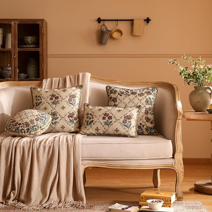 patdrea Designer Throw Pillow Covers Set of 4,Euro Vintage Light Brown Linen with Floral Collection Pattern Pillow Cover,Decorative Square Lumbar Round Pillowcases Cushion for Bed Living Room Car-Ruum Studio Home