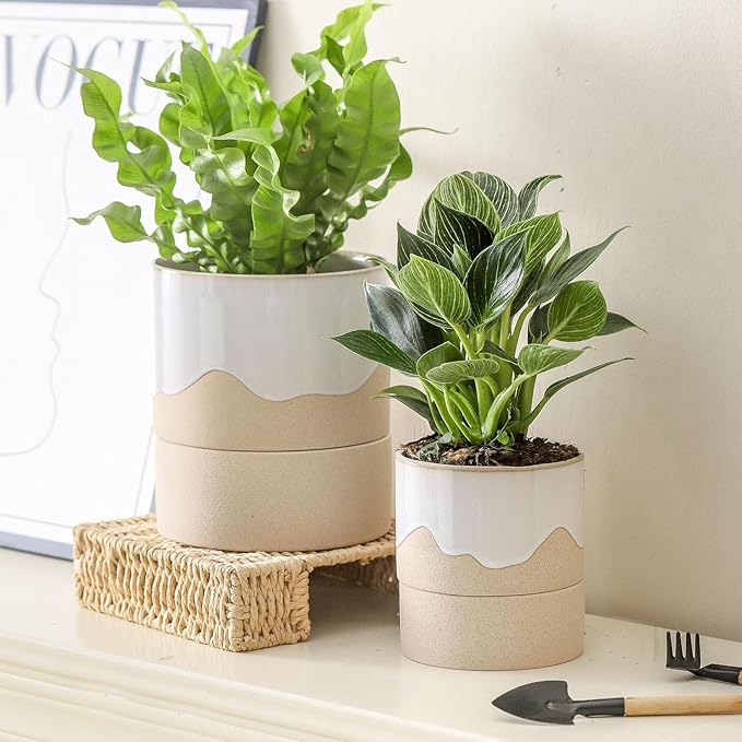 Nihow Self Watering Plant Pot for Indoor Plants: 4.5+6 Inch Ceramic Planter with Drainage Hole & Water Storage Plus - Cylinder Flower Pot with Wick for Herbs -White & Nature-Ruum Studio Home