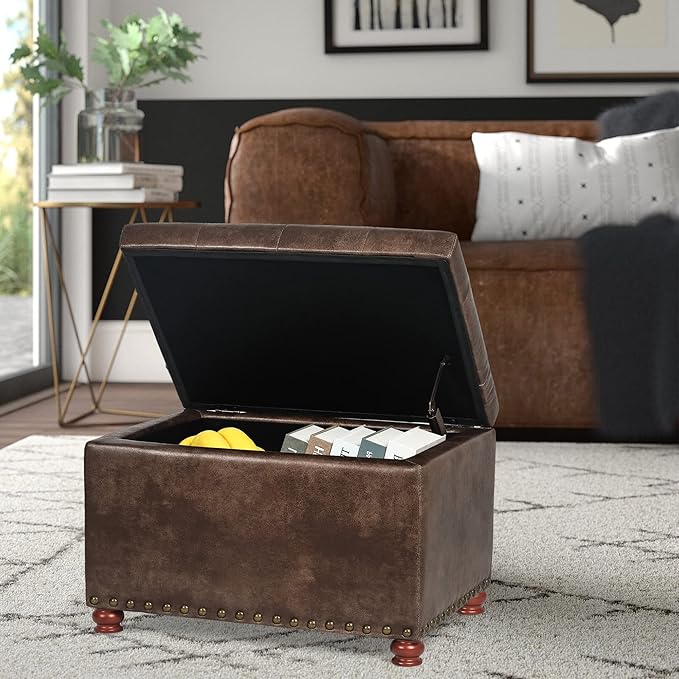24'' Leather Ottoman with Storage Rectangle Foot Rest Ottomans Stool for Living Room(Brown,Leather Texture)-Ruum Studio Home