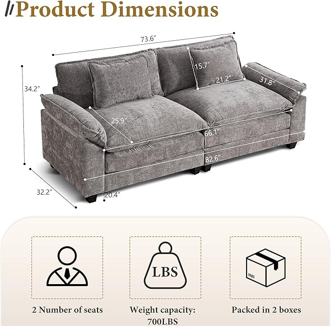 URRED Modular Sectional Sofa Comfy Cloud Couch, Modern Chenille Sofa Sleeper Deep Seat Couches with Ottoman/Pillows for Living Room (Gray, 82.6'')-Ruum Studio Home