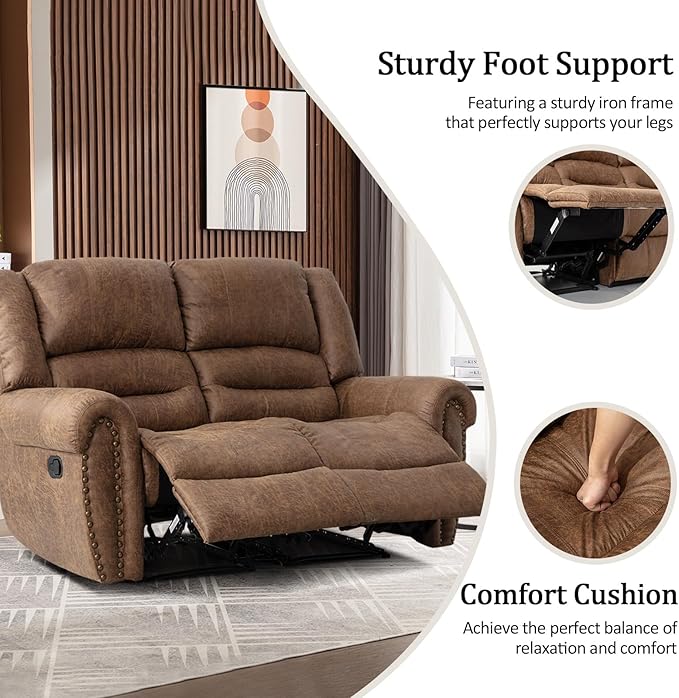 CANMOV Faux Leather Manual Loveseat Recliner, 2 Seat Reclining Chair, Overstuffed Comfortable Arms and Back Recliner Chair, Couch Set for Living Room, Bedroom Furniture, Office,Nut Brown-Ruum Studio Home
