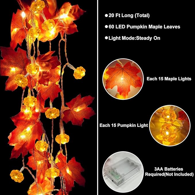2 Pack & Timer - Fall Garland with Pumpkin Lights Halloween Fall Decor for Home 60LED 20Ft Enlarged Maples Leaves Halloween Garland Lights Indoor Battery Operated Thanksgiving Decor Wedding Christmas-Ruum Studio Home