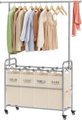 Tajsoon Laundry Hamper with Hanging Rack, Laundry Sorter 4 Sections, 4 Basket Butler with Lockable Wheels and Removable Bag, Rolling Laundry Cart for Bedroom, Beige-Ruum Studio Home