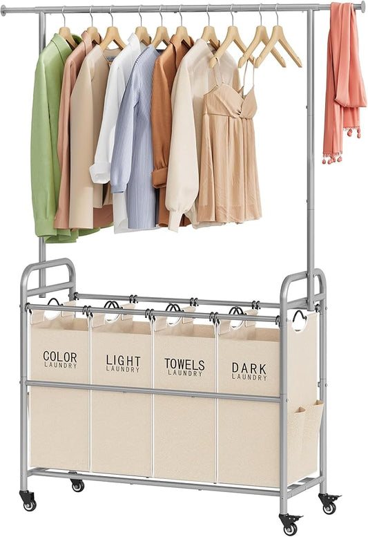 Tajsoon Laundry Hamper with Hanging Rack, Laundry Sorter 4 Sections, 4 Basket Butler with Lockable Wheels and Removable Bag, Rolling Laundry Cart for Bedroom, Beige-Ruum Studio Home