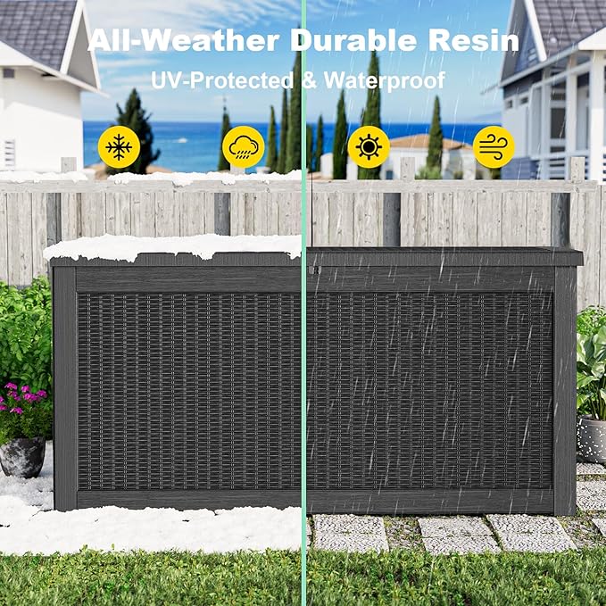 268 Gallon Outdoor Deck Box,Storage Lockable Waterproof Patio Furniture,Garden Tools,Cushions,Pool Accessories Outside Storage Resin Box(Black)-Ruum Studio Home