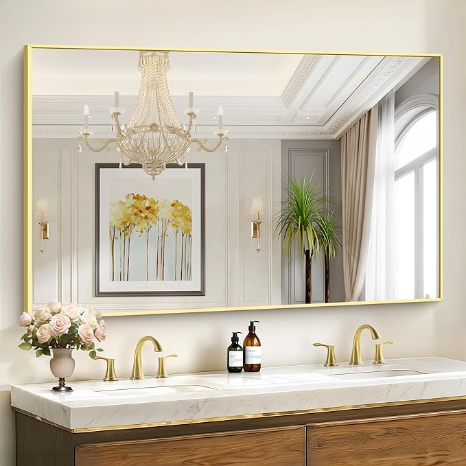 40x60inch Gold Bathroom Mirror, Gold Rectangle Mirror with Frame, Large Rectangular Wall Mirrors for Bathroom, Living Room, Hair Salon, Big Farmhouse Mirror Hang Horizontal/Vertical-Ruum Studio Home