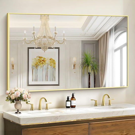 36x55inch Bathroom Mirror, Gold Rectangle Mirror with Thin Metal Frame, Large Rectangular Wall Mirror for Bathroom, Living Room, Hair Salon, Big Farmhouse Mirror Hang Horizontal/Vertical-Ruum Studio Home