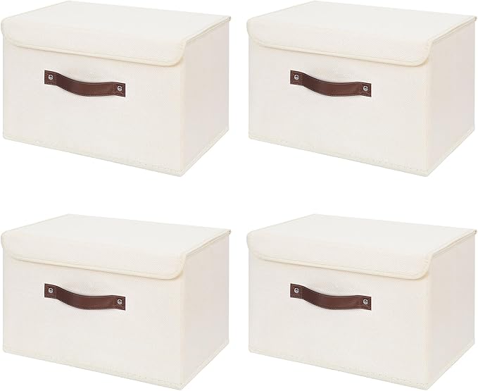ANMINY 4PCS Storage Bins with Lid PU Leather Handles Storage Boxes PP Plastic Board Decorative Foldable Lidded Cotton Linen Fabric Home Cubes Baskets Closet Organizer Containers - Beige, Large Size-Ruum Studio Home