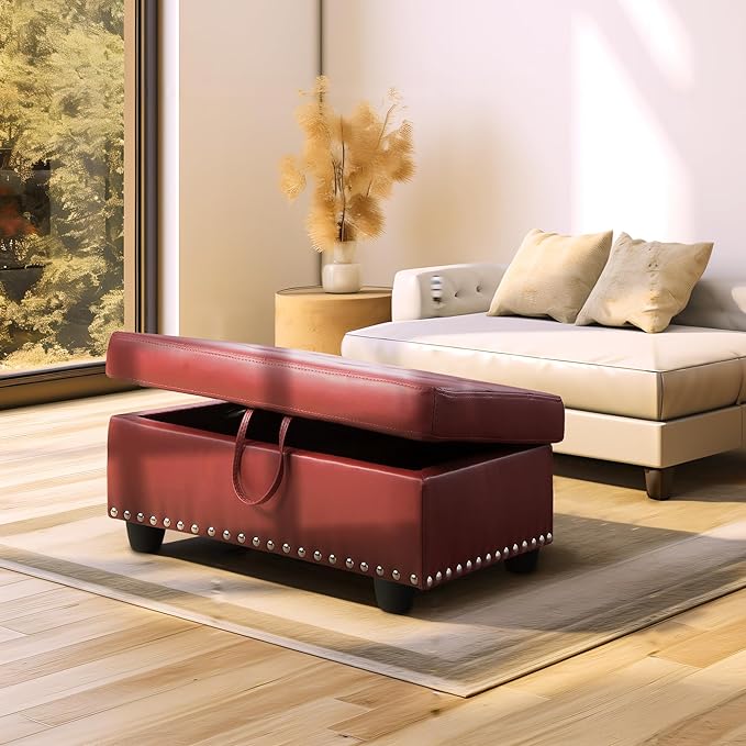 Ottoman Rectangular Storage Ottoman Bench, Faux Leather Footrest, Coffee Table, Stool Footstool with Hinged Lid for Living Room, Bedroom, Entryway, Red, 28.5"x19"x17.5"-Ruum Studio Home