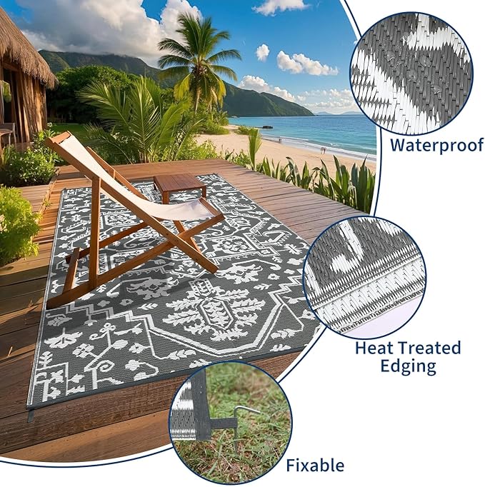 Waterproof Outdoor Rug 9x18 Reversible Plastic Straw Patio Rug, Stain-Resistant Vintage Medallion Carpet, Large Indoor Outdoor RV Mat for Deck, Camping, Balcony, Grey White-Ruum Studio Home