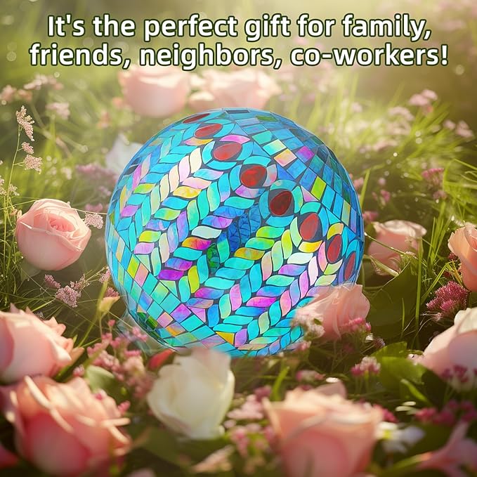 VOREEN Mosaic Glass Gazing Ball Outdoor Gazing Globe, Reflective Ball Yard Decoration for Homes, Patio, Lawn and Gardens, Gift for Mom Wife Friend, 10-Inch, Blue-Ruum Studio Home