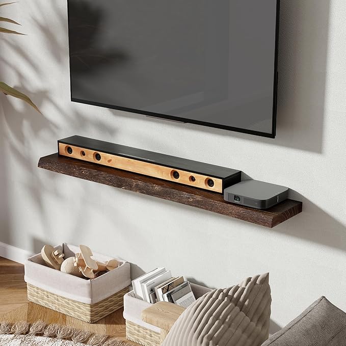 Fun Memories 48" Floating Shelves for Wall, Live Edge Solid Elm Wood Floating Shelf with Invisible Bracket, Wall Mounted Display Wooden Shelves for Bathroom, Kitchen, Bedroom, Walnut Color, Set of 1-Ruum Studio Home