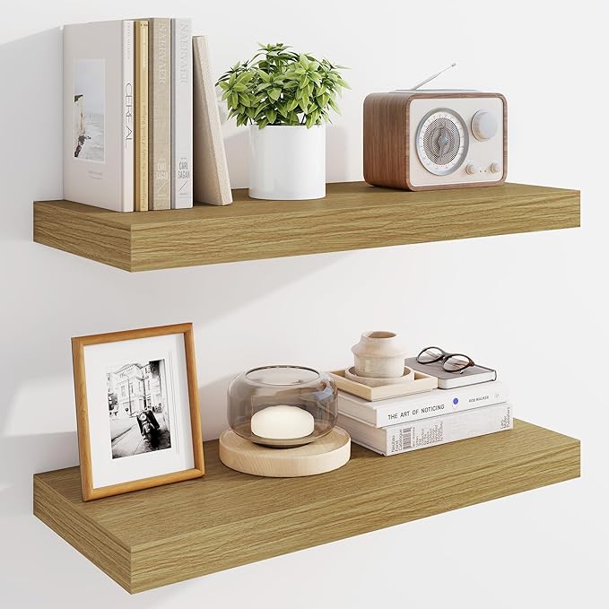 Marsmiles 24" Floating Shelves for Wall, Wooden Shelves with Invisible Brackets Set of 2, Rustic Farmhouse Wall Mounted Shelf for Kitchen Bathroom Living Room Study, Natural Oak-Ruum Studio Home