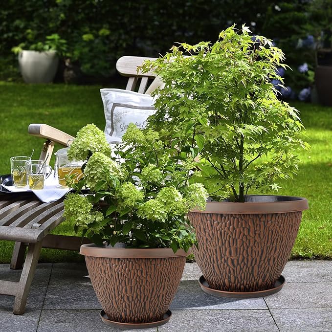 4 Pack 12 Inch Pots for Plants, Plastic Outdoor Flower Pots with Drainage Hole & Tray, Large Planters for Garden Porch Home Indoor Outdoor Decor - Pebbles Pattern Design Plant Pots-Ruum Studio Home