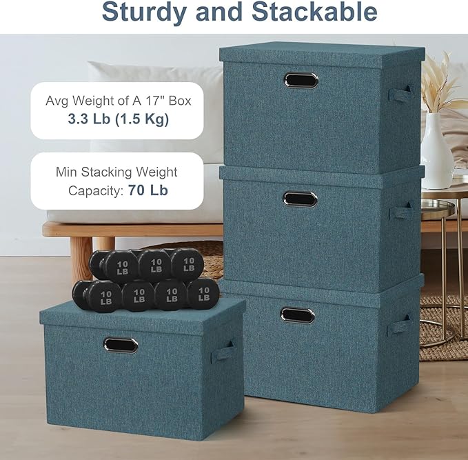 Large 17" 36 Quart Collapsible Stackable Storage Bins with Lids, 3 Packs Blue-Green Linen Fabric Closet Boxes with Lids, Storage Cube Baskets Container Organizers for Bedroom (17x12x11)-Ruum Studio Home