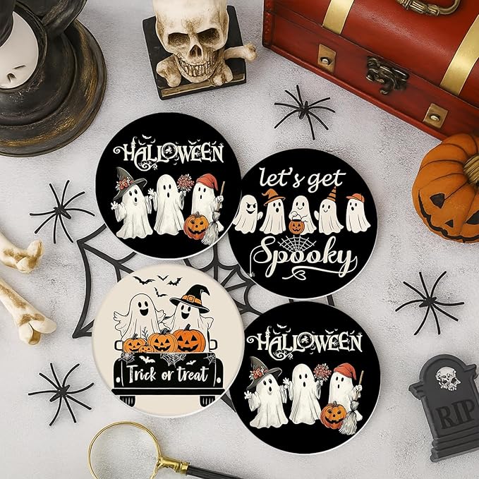 Coaster for Drinks Set of 6, Halloween Black and White Ghost Pumpkins Absorbent Round Ceramic Stone Mat, with Cork Base and Metal Holder, Gift for Housewarming Room Bar Decor-Ruum Studio Home