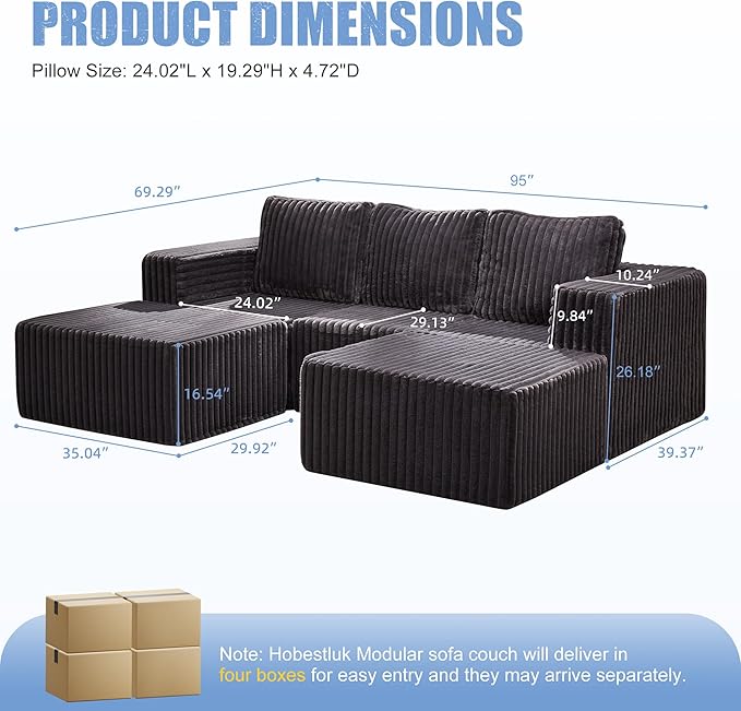 Hobestluk Modular Sectional Sofa Memory Foam Couch Oversized Sectional Sofa 3-Seater with Chaises Cloud Couch with Removable Cover U Shaped Sofa for Living Room (Strip Grey, U Shape)-Ruum Studio Home