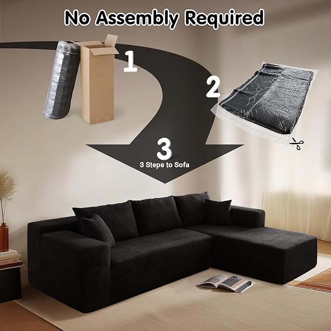 ovios 104" Cloud Sectional Couch with L-Shape Chaise,Modern Modular Sofa with Deep Seat, Upholstered Couches for Living Room Bedroom,No Assembly Required, Black (Corduroy Fabric)-Ruum Studio Home