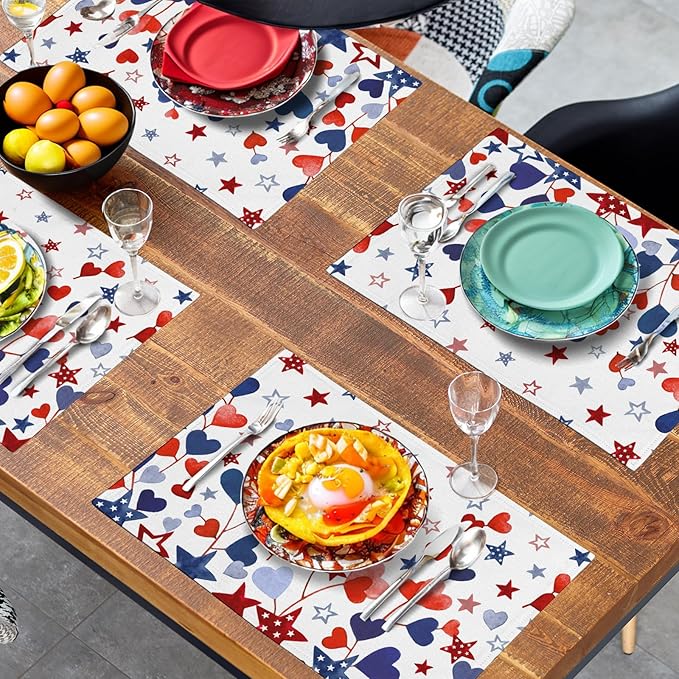 Red Blue Heart Stars 4th of July Placemats Set of 4 Patriotic America Independence Memorial Day Linen Table Mats 12x18 Inch Washable Place Mats for Party Kitchen Dining Outdoor Indoor Decor-Ruum Studio Home