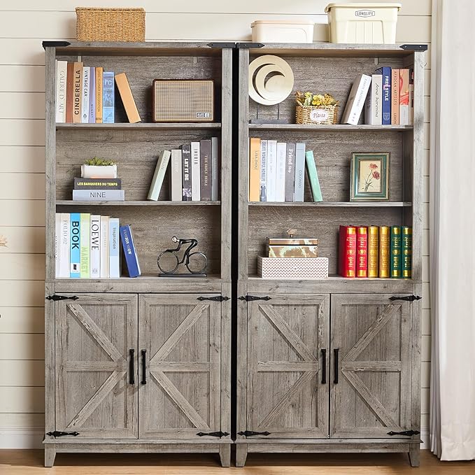70in Tall Bookshelf 5 Tier Bookcase with Barn Doors and Adjustable Shelves, Grey Farmhouse Book Shelf with Storage Cabinet, Wood Freestanding Display Bookshelves for Bedroom, Kitchen (2PCS)-Ruum Studio Home
