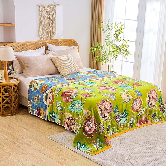 Fall Throw Blanket, 100% Cotton Soft Rustic Boho Throw Blanket for Bed, 60"x80" Farmhouse Decor Bed Flower Blankets, Light Weight Reversible Bohemian Throw Quilt-Ruum Studio Home