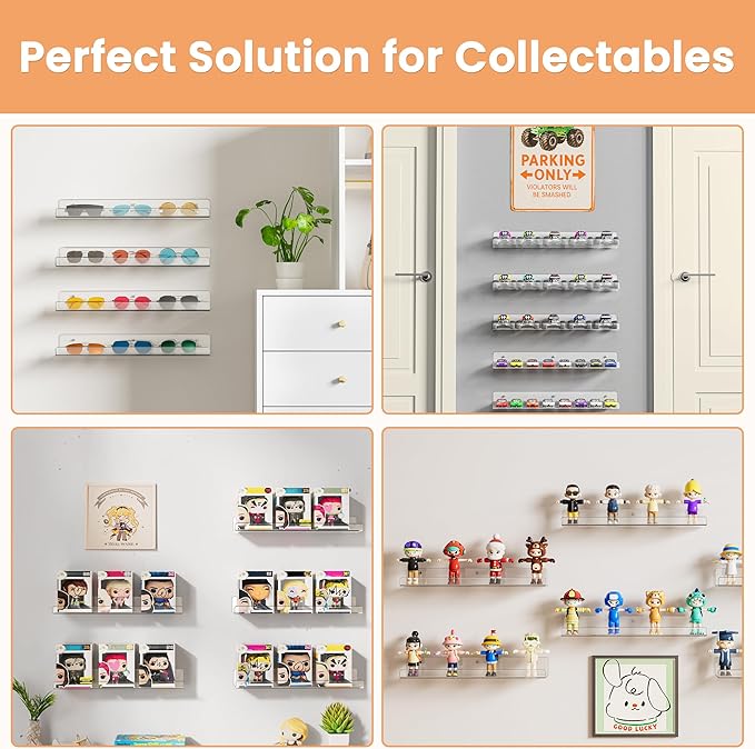 upsimples 4 Pack Acrylic Shelves for Wall Storage, 15" Floating Bookshelves for Kids, Display Shelf Organizer for Bathroom, Bedroom, Living Room, Kitchen, Room Decor, Clear-Ruum Studio Home