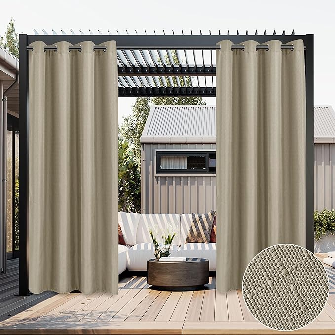 HolidayIdeas 2 Panels Linen Outdoor Curtains for Patio Waterproof Taupe Curtains 54"x 95"-Outside Curtains Weatherproof, Privacy, Textured for Pergola, Porch, Cabana, Gazebo-Ruum Studio Home