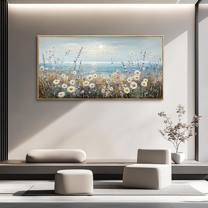 PHAOHUAXM Large Canvas Printing Artworks Mural Wall Decor For Living Room Wall Art For Bedroom Office Decor Blue Ocean Paintings Flowers Watercolour Wall Pictures Home Decor Wood Framed 30x60 In-Ruum Studio Home