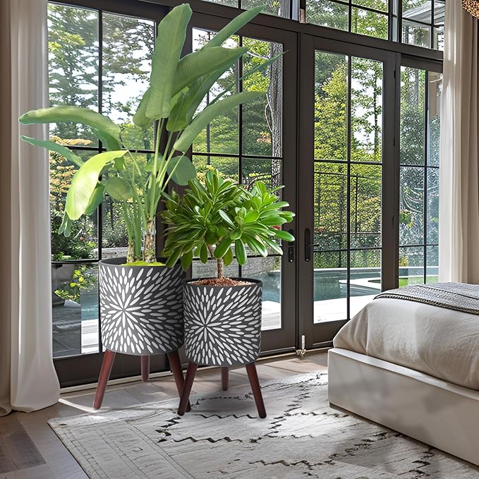 10 & 12 Inches Plant Pot with Stand Set of 2, Large Matte Gray Modern Planters for Indoor Outdoor Plants with Drainage Holes, Big Flower Pots with Wood Legs-Ruum Studio Home
