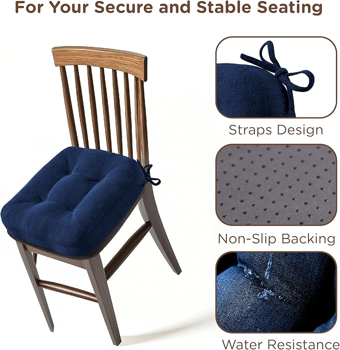 Codi 6 Pack Dining Chair Cushions, Thick Chairs Pads for Indoor Kitchen Room - Washable, Non-Slip Seat Cushion with Ties, 16.5"x16.5"x 3.5", Set of 6, Navy-Ruum Studio Home
