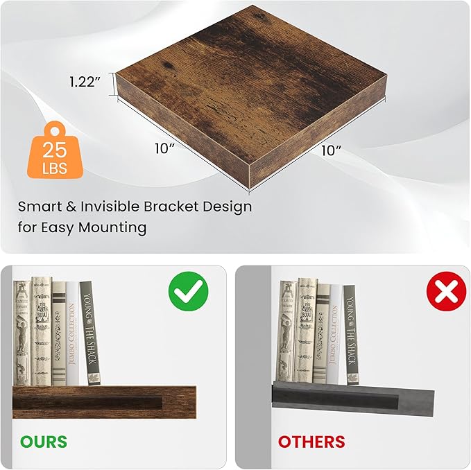Square Floating Shelves for Wall, 10"W x 10"D x 1.2"H, Small Wooden Wall Mounted Display Shelf with Invisible Brackets for Living Room, Bedroom, Bathroom, Kitchen Decor, Set of 4, Rustic Brown-Ruum Studio Home