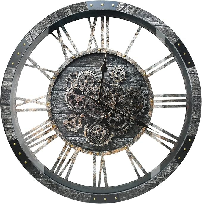 DORBOKER 36" Extra Large Wall Clock with Moving Gears, Oversized Giant Industrial Steampunk Rustic Clocks for Wall Decor Living Room Home Office, Solid Wood Retro Metal,Carbon Grey-Ruum Studio Home