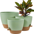 FaithLand 3-Pack Large Planter Pots, 12 10 9 Inch Self Watering Flower Pots for Indoor Outdoor Garden Plants, Green with Brown-Ruum Studio Home
