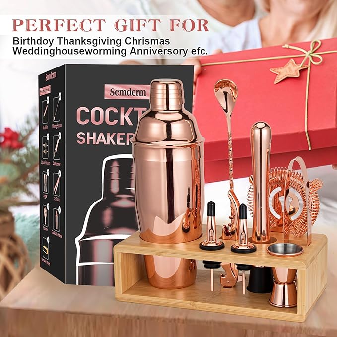 Cocktail Shaker Set, Mixology Bartender Kit 10-Piece Bar Tool Set with Stylish Bamboo Stand, Bar kit: Matini Shaker Mixing Spoon Muddler Jigger Cocksrew for Barware Set | Rose-Ruum Studio Home