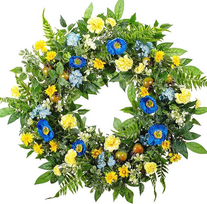 WANNA-CUL 24 Inch Spring Summer Carnation Wreaths for Front Door, Spring Front Door Wreath with Blue &Yellow Flowers Door Wreath with Pomegranates,Daisy for Wedding-Ruum Studio Home