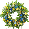 WANNA-CUL 24 Inch Spring Summer Carnation Wreaths for Front Door, Spring Front Door Wreath with Blue &Yellow Flowers Door Wreath with Pomegranates,Daisy for Wedding-Ruum Studio Home