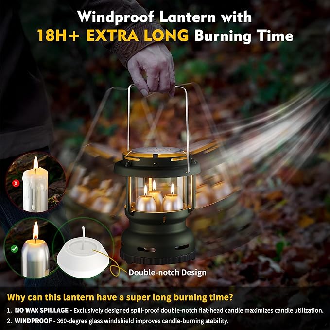 3-Wick Emergency Candle Lantern for Power Outages [18H+ Burning Time] Vintage Decorative Candle Lantern for Real Candles, Outdoor Portable Camping Survival Lighting [7.1"*5.7" - Forest Green]-Ruum Studio Home