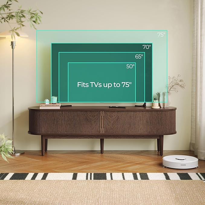 LINSY HOME Fluted TV Stand for 75" TV, Mid-Century Modern 70" Entertainment Center with Sliding Tambour Door and Storage Cabinet, Cruved TV Media Console Table for Living Room, Bedroom, Walnut-Ruum Studio Home