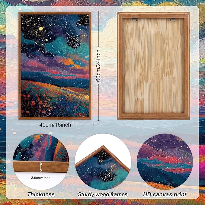 KAIRNE Framed Abstract Midnight Canvas Wall Art,Starry Night Prints Set of 3(16”X24”),Colorful Wildflowers Wall Decor,Nature Night Scene Paintings for Living Room Bedroom office Farmhouse Decoration-Ruum Studio Home