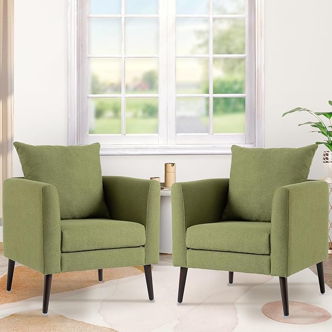 Barrel Accent Chair Set of 2 with Back Pillow, Large Upholstered Armchair with Solid Wood Legs Modern Reading Chairs for Living Room Bedroom-Ruum Studio Home